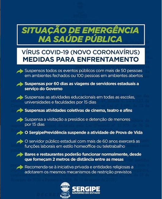 Confira as principais medidas de enfrentamento da situação de emergência diante da presença do #CoronaVírus em Sergipe.